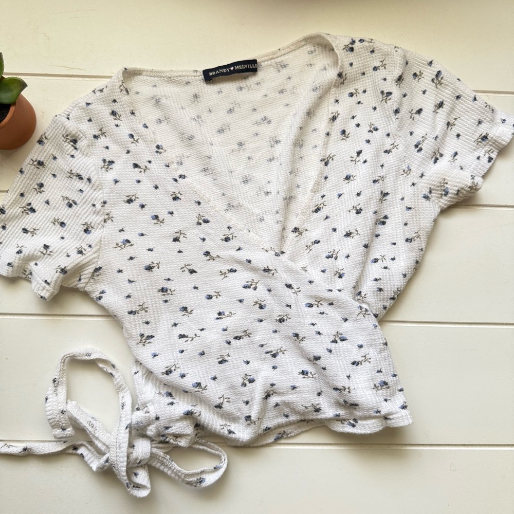 Brandy Melville Ivory Wrap Top with Navy Floral Design